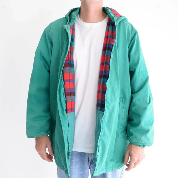 Vintage 90S British Green & Red Checker Liner Zip Up Hooded  Winter Jacket XL - Picture 2 of 16
